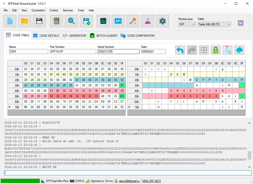 Память EEPROM SFP в SFPTotal Wizard: редактирование кода во вкладке CODE TABLE